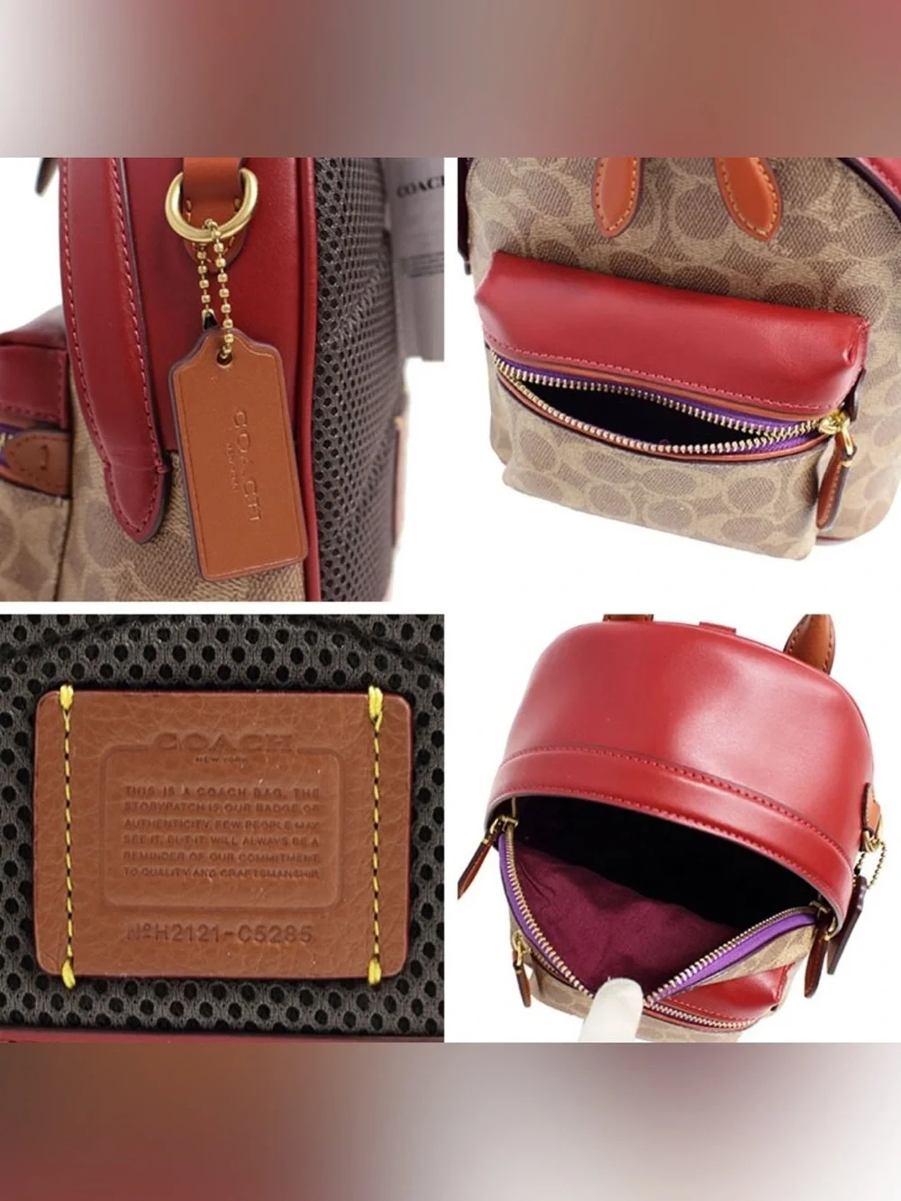 New Coach Charter Backpack in Signatr Coated Canvas & Leather: Red/Bge/Brw/Prpl.